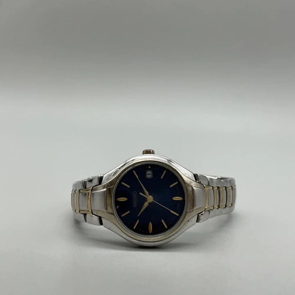 Seiko Womens Watch 25mm Blue Dial Two Tone Date 7N82-0DR0 New Battery 5.75